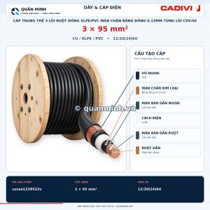 cadivi cap trung the 3 loi ruot dong xlpe pvc man chan bang dong 0 13mm tung loi cxv se 3x95 12 20 24 kv